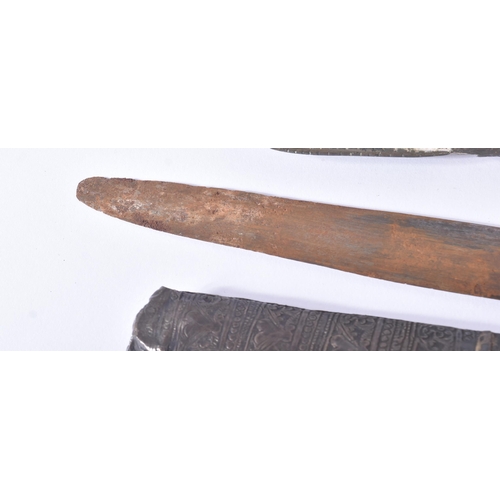 403 - Two 19th Century North African Tuareg / Hausa people Takoba swords. Tooled leather scabbards with wh... 