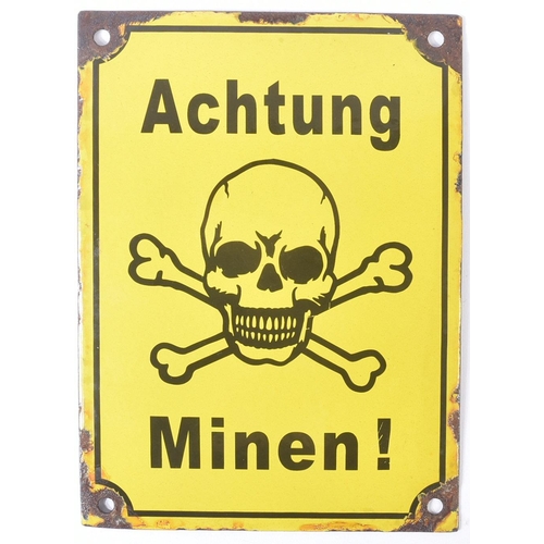 426 - A WWII Second World War Third Reich Nazi German enamel sign. Yellow with a black ' Achtung Minen! ' ... 