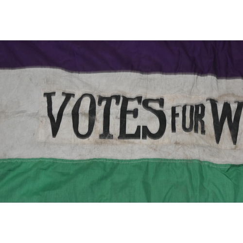 88 - Suffragette Interest - a large WSPU tri-colour green, white and purple linen flag with central print... 