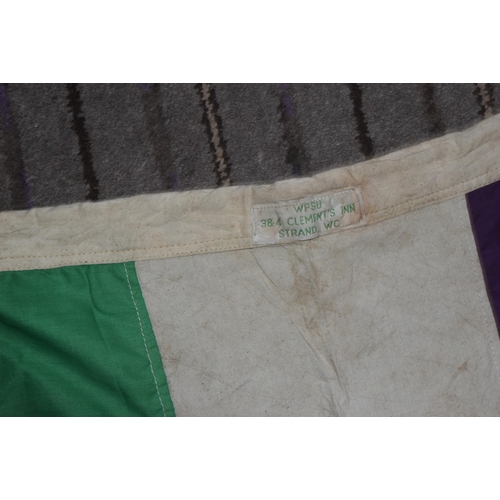 88 - Suffragette Interest - a large WSPU tri-colour green, white and purple linen flag with central print... 