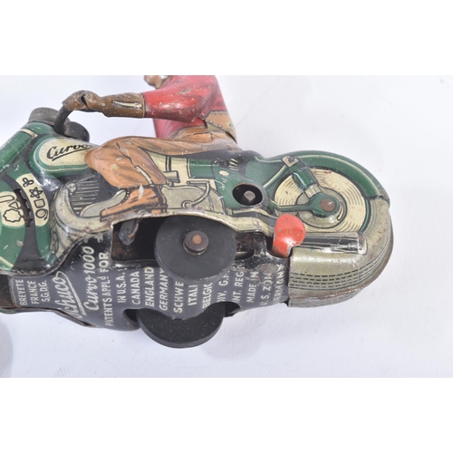 103 - A vintage 1950s Schuco made tinplate clockwork model of a motorcycle ' Curvo 1000 '. Green with red/... 