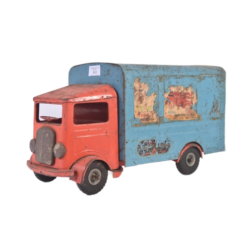 343 - An original vintage Triang / Tri-ang Lines Bros tin plate Transport Van No 200. Red cab with blue va... 