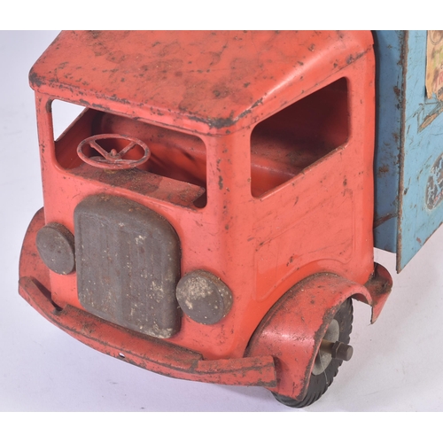 343 - An original vintage Triang / Tri-ang Lines Bros tin plate Transport Van No 200. Red cab with blue va... 