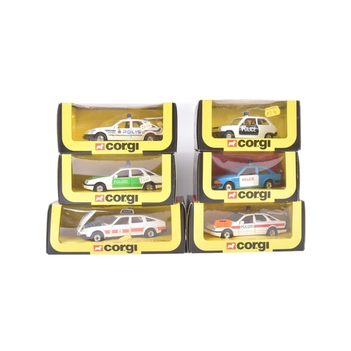 443 - A collection of x6 vintage Corgi diecast model police cars to include; 339 Rover 3.5 Police, 299 For... 