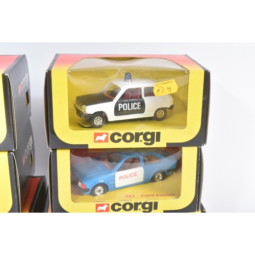 443 - A collection of x6 vintage Corgi diecast model police cars to include; 339 Rover 3.5 Police, 299 For... 