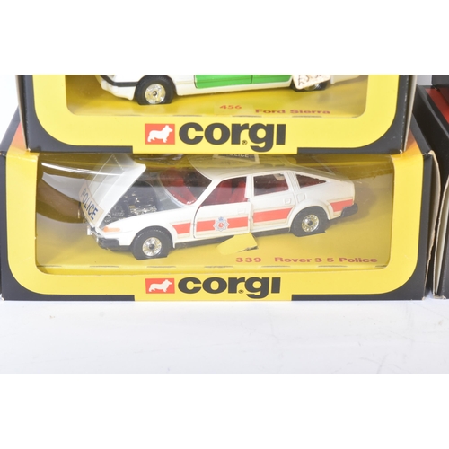 443 - A collection of x6 vintage Corgi diecast model police cars to include; 339 Rover 3.5 Police, 299 For... 