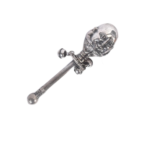 453 - A 19th century EPNS silver plated babies rattle in the form of Humpty Dumpty. With three attached be... 