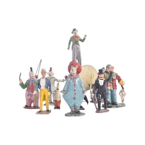 458 - A collection of vintage believed Britains made lead toy circus figures to include; clowns, ring lead... 