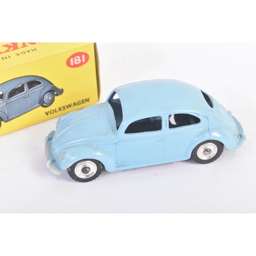 56 - An original vintage Dinky Toys diecast model No. 181 Volkswagen Beetle car. Light blue exterior with... 