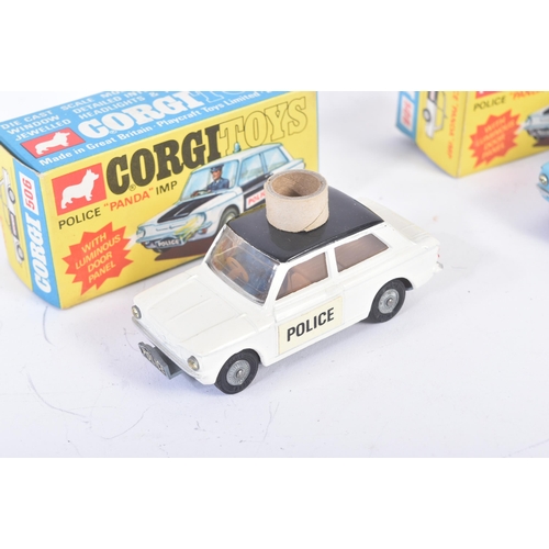 9 - Two vintage Corgi Toys diecast model Police cars. Both No. 506 Police ' Panda ' IMP with lumius door... 