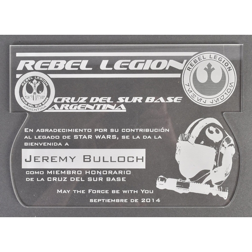 288 - Estate of Jeremy Bulloch - Star Wars - Rebel Legion - an engraved acrylic plaque presented to Bulloc... 