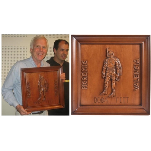 304 - Estate of Jeremy Bulloch - Star Wars - Artwork - a carved hardwood panel depicting Boba Fett to the ... 