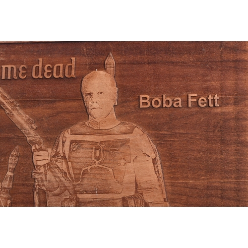 312 - Estate of Jeremy Bulloch - Star Wars - Fan Artwork - an etched wooden panel featuring Bulloch dress ... 