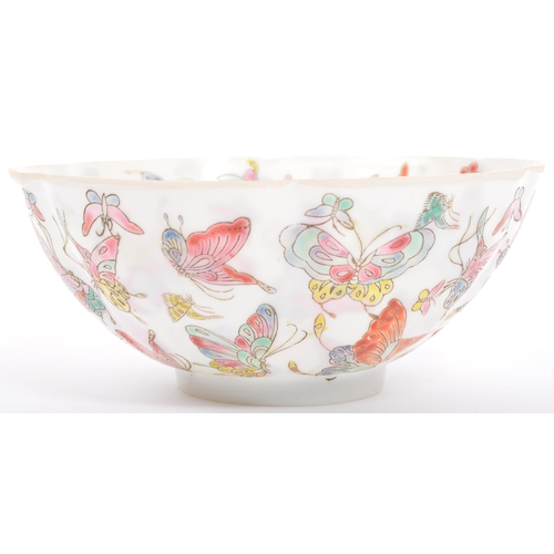 111 - A 19th century Chinese hand painted eggshell porcelain dish being butterflies in flight. Character m... 