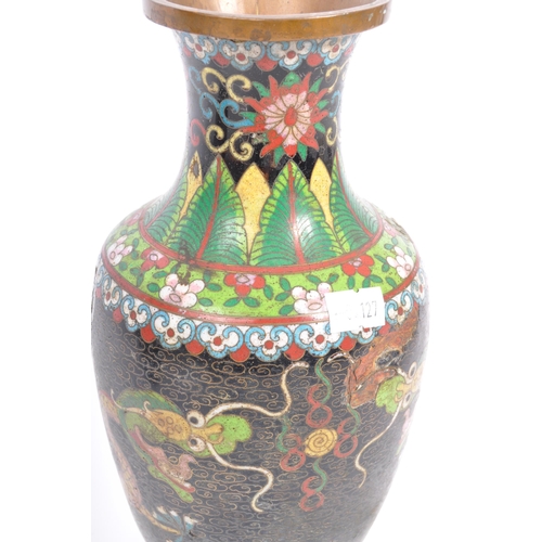 217A - A pair of early 20th century Chinese Oriental cloisonne metal table vases having a flared tall neck ... 