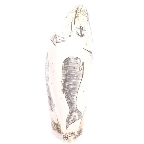 232 - A vintage 20th century resin sperm whale tooth reproduction with ebonised sea themed carvings. The t... 