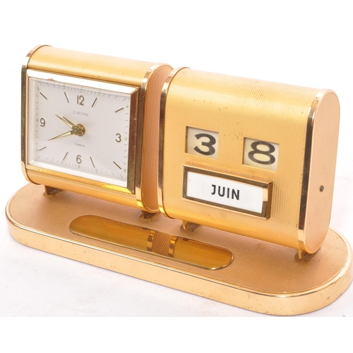 245 - Europa - A retro mid 20th Century desk clock and calendar having two separate section with brass eff... 