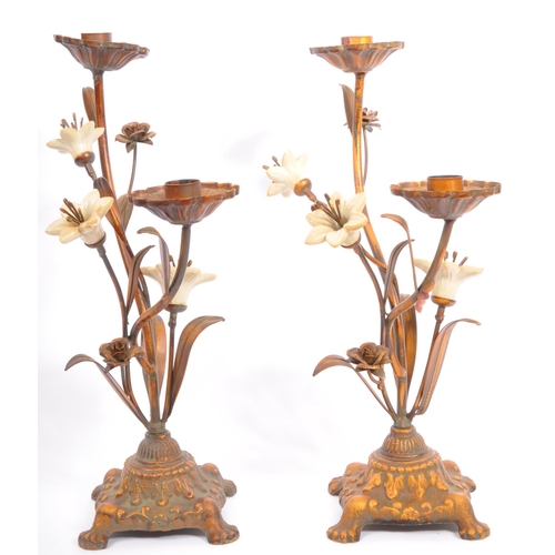 305 - A pair of mid 20th century circa. 1950'sÂ  Italian copper and ceramic toleware candlesticks. The can... 