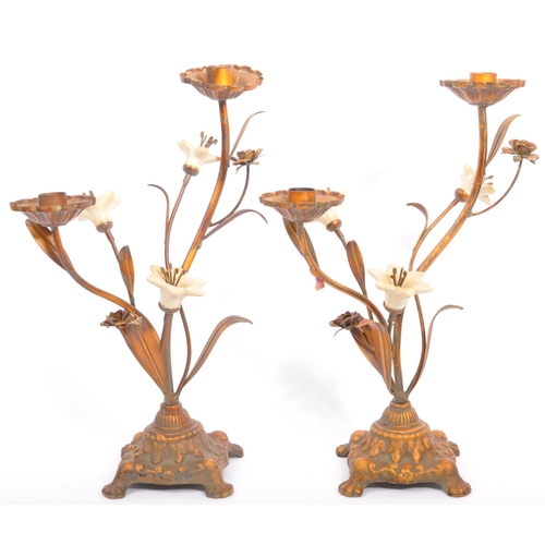 305 - A pair of mid 20th century circa. 1950'sÂ  Italian copper and ceramic toleware candlesticks. The can... 