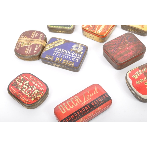 333 - A collection of retro vintage 20th century 78 record player needle point tins. Including. Decca, Col... 