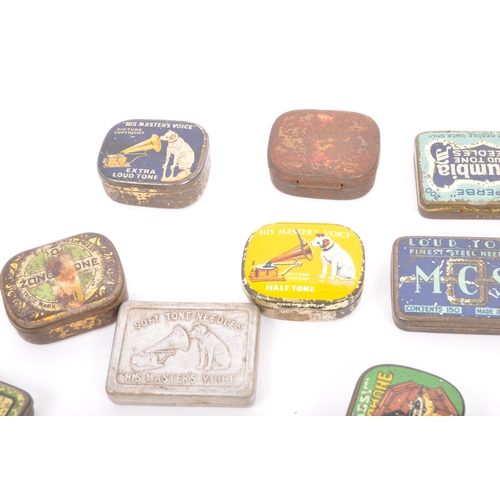 333 - A collection of retro vintage 20th century 78 record player needle point tins. Including. Decca, Col... 