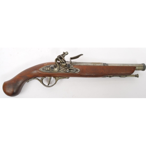 350 - A pair of replica reproduction flintlock wall mountable decorative 18th century pistols. Of wood and... 