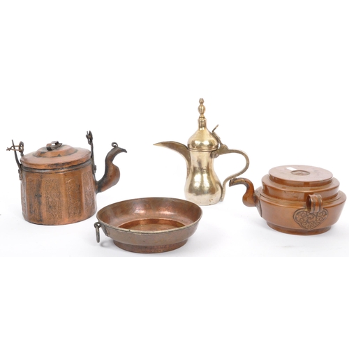 392 - A collection of 19th century copper to include an Afghani teapot incised with vignettes featuring fi... 