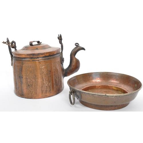 392 - A collection of 19th century copper to include an Afghani teapot incised with vignettes featuring fi... 