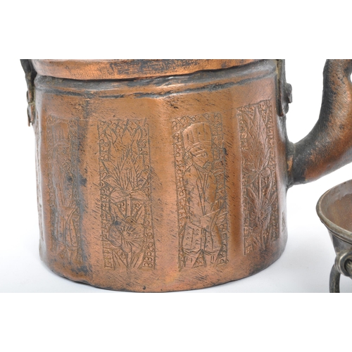 392 - A collection of 19th century copper to include an Afghani teapot incised with vignettes featuring fi... 