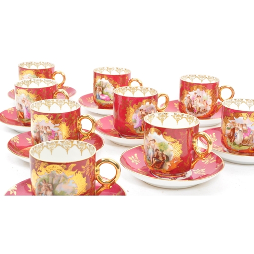 58 - A continental porcelain part tea service decorated in the Fuschia pattern, printed marks, comprising... 