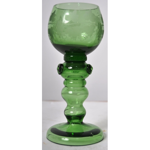 86 - A set of six 19th Century green glass drinking wine goblets glasses having etched leaf and vine deco... 