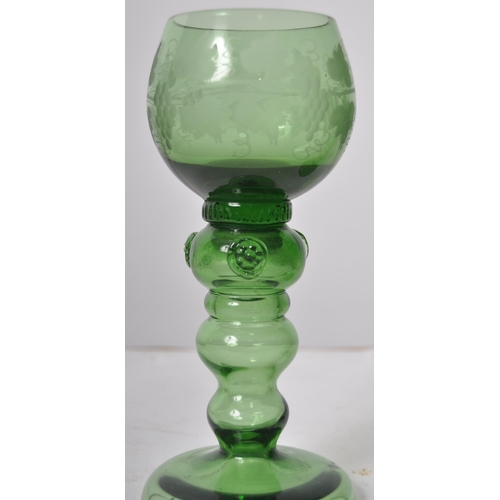 86 - A set of six 19th Century green glass drinking wine goblets glasses having etched leaf and vine deco... 