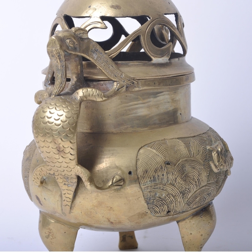 21 - An early 20th century Chinese brass censer / incense burner, with Dog of Fo finial mounted on lid, w... 