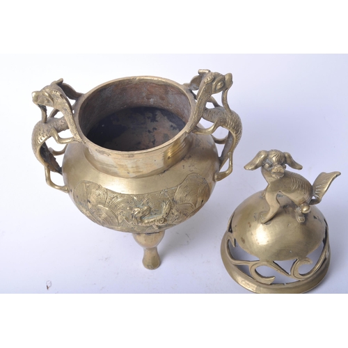 21 - An early 20th century Chinese brass censer / incense burner, with Dog of Fo finial mounted on lid, w... 