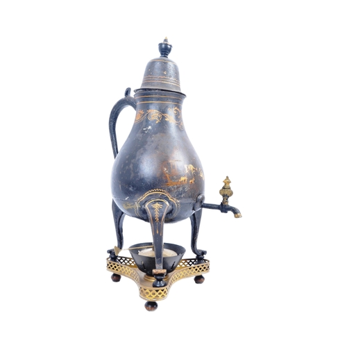 52 - A 19th century Victorian black lacquered coffee pot and stand having and ebonised finial over forest... 