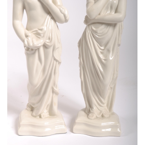 53 - A pair of Belleek figurines entitled ' Meditation and Affection'. Each standing female figure being ... 