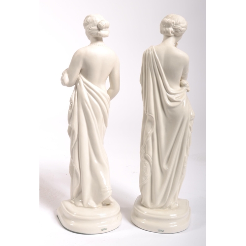53 - A pair of Belleek figurines entitled ' Meditation and Affection'. Each standing female figure being ... 