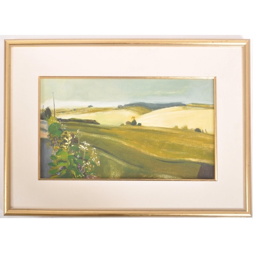 54 - A mid-century landscape painting titled to verso in pencil 'Hooke, Dorset', depicting rolling hills,... 
