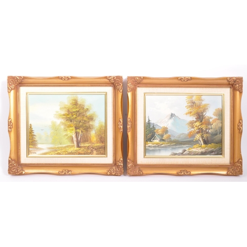 572 - A pair of vintage, retro 20th century oil on canvas paintings each depicting landscape scenes. One s... 