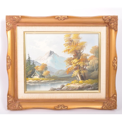 572 - A pair of vintage, retro 20th century oil on canvas paintings each depicting landscape scenes. One s... 