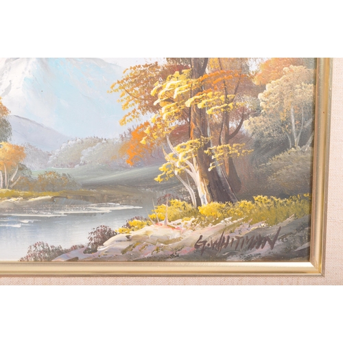 572 - A pair of vintage, retro 20th century oil on canvas paintings each depicting landscape scenes. One s... 