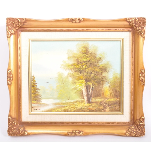 572 - A pair of vintage, retro 20th century oil on canvas paintings each depicting landscape scenes. One s... 