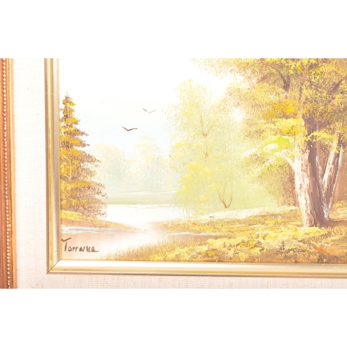 572 - A pair of vintage, retro 20th century oil on canvas paintings each depicting landscape scenes. One s... 