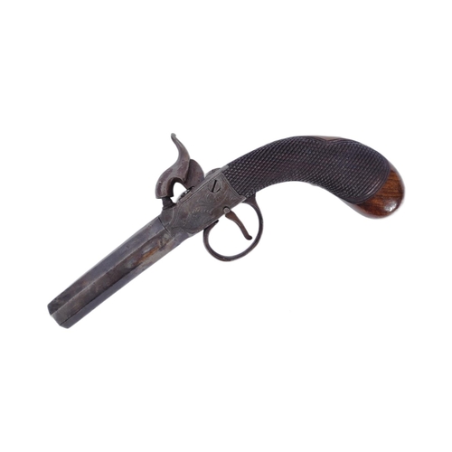 25 - A 19th Century Victorian ladies pocket pistol / muff gun. Wooden stock with chequered grip, scrollin... 