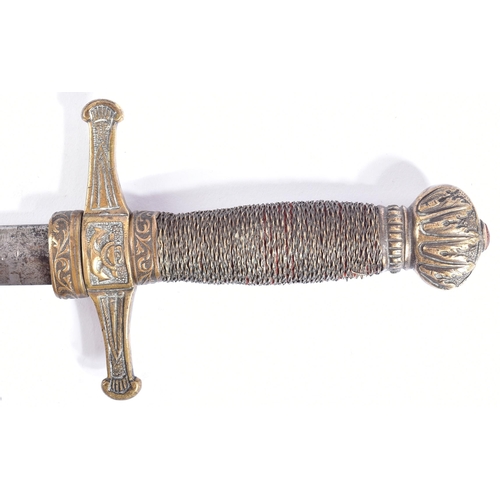 245 - An early 19th Century French Officers Naval Dirk. Round brass pommel with leaf carvings, wire bound ... 