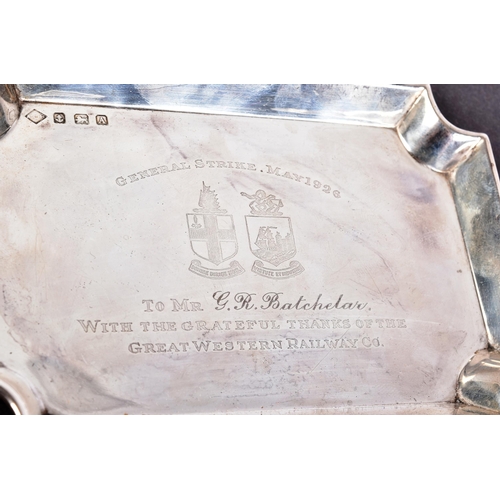 421 - Railway Interest - a hallmarked silver pin tray / ashtray with engraved notation: G'eneral Strike Ma... 