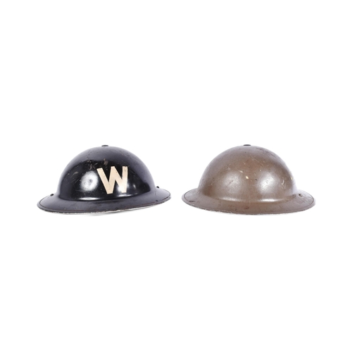 466 - Two WWII Second World War British brodie helmets comprising a black ARP Air Raid Precautions Wardens... 