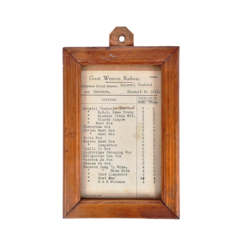 489 - Railway Interest - an original vintage Great Western Railway GWR framed 'Telephone Circuit' code lis... 