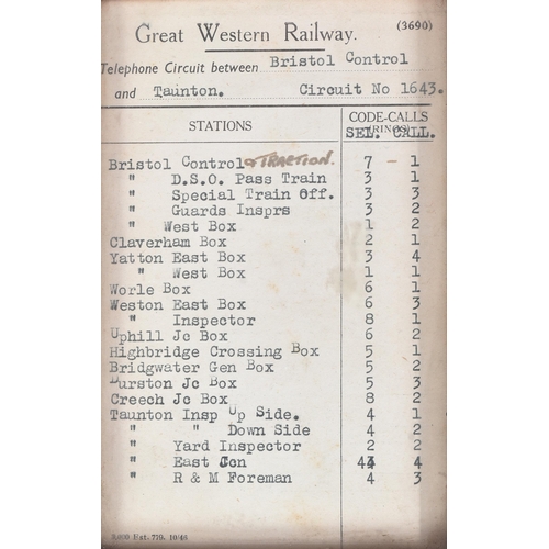 489 - Railway Interest - an original vintage Great Western Railway GWR framed 'Telephone Circuit' code lis... 