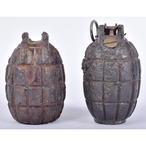 58 - Two WWII Second World War British Army Mills Bomb hand grenades. One a demonstration / educational e... 